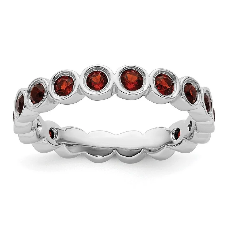 Women’s stackable rings with diamonds-Curata 925 Sterling Silver Bezel Polished Patterned Stackable Expressions Garnet Ring