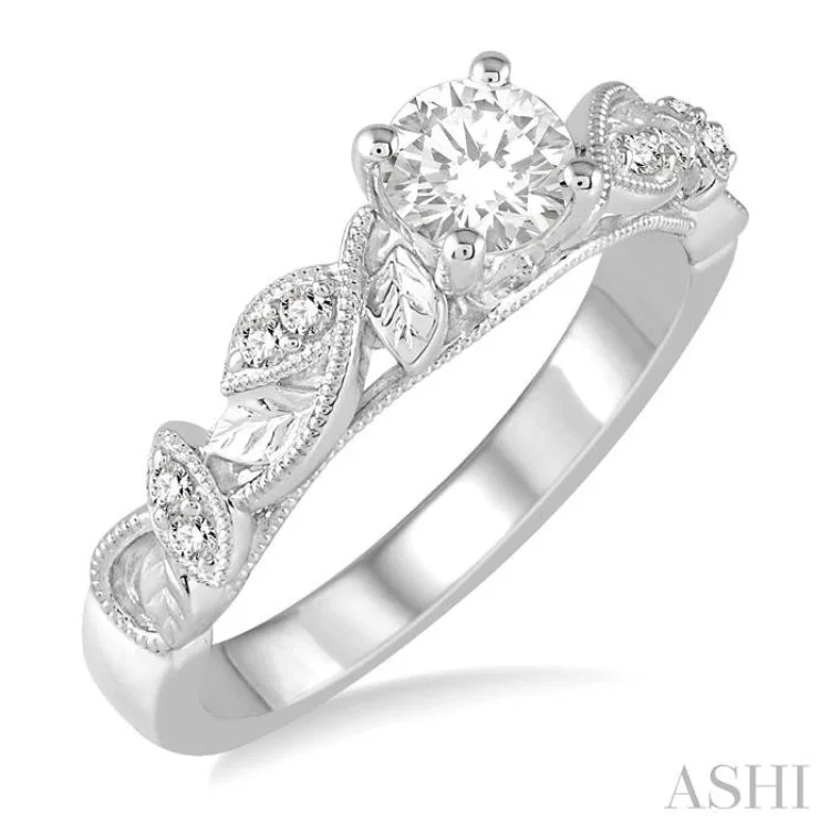 Women’s wide band engagement rings-1/10 Ctw Round Semi-Mount Leaf Motif Engagement Ring in 14K White Gold