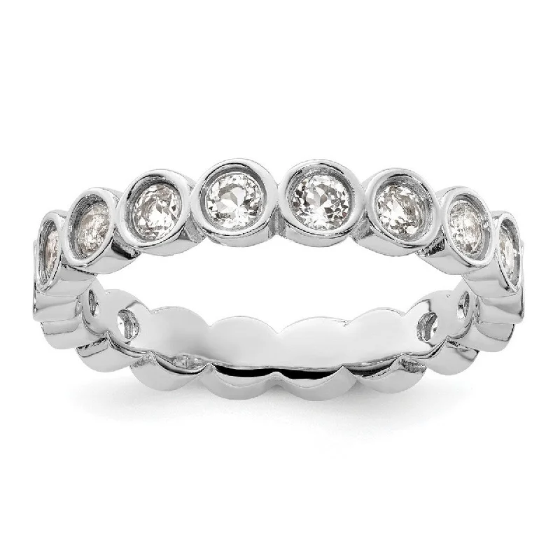 Women’s halo wedding rings-Curata 925 Sterling Silver Bezel Polished Patterned Stackable Expressions White Topaz Ring