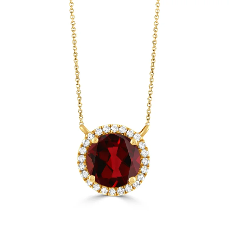 Women’s gemstone necklaces-Garnet & Diamond Halo 18K Yellow Gold Necklace