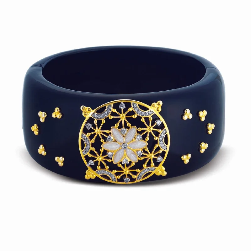 Women’s engraved bracelets-STERLING SILVER GOLD PLATED BANGLE WITH BLACK RESIN