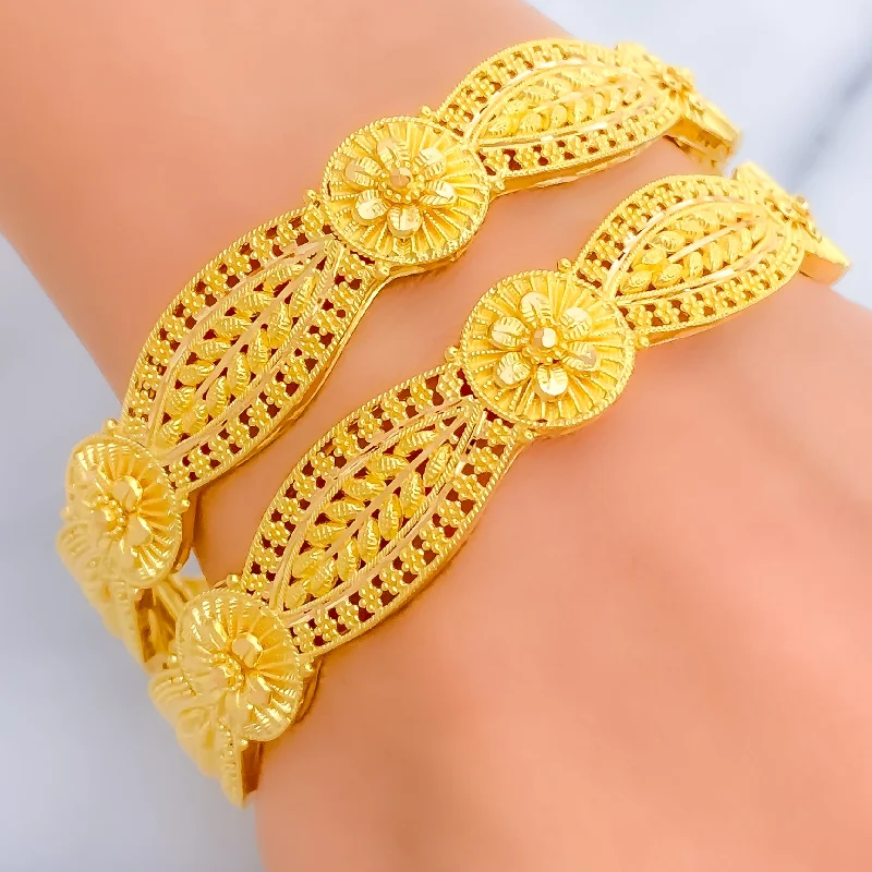 Women’s silver bangles-Exclusive Floral 22k Gold Bangle Pair