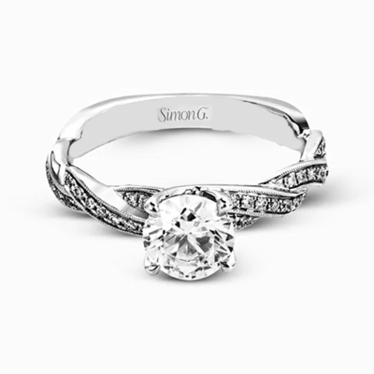 Women’s affordable engagement rings-This exquisite white contemporary engagement ring features a delicate twist design on the band accented by .22 ctw of sparkling round cut white diamonds.