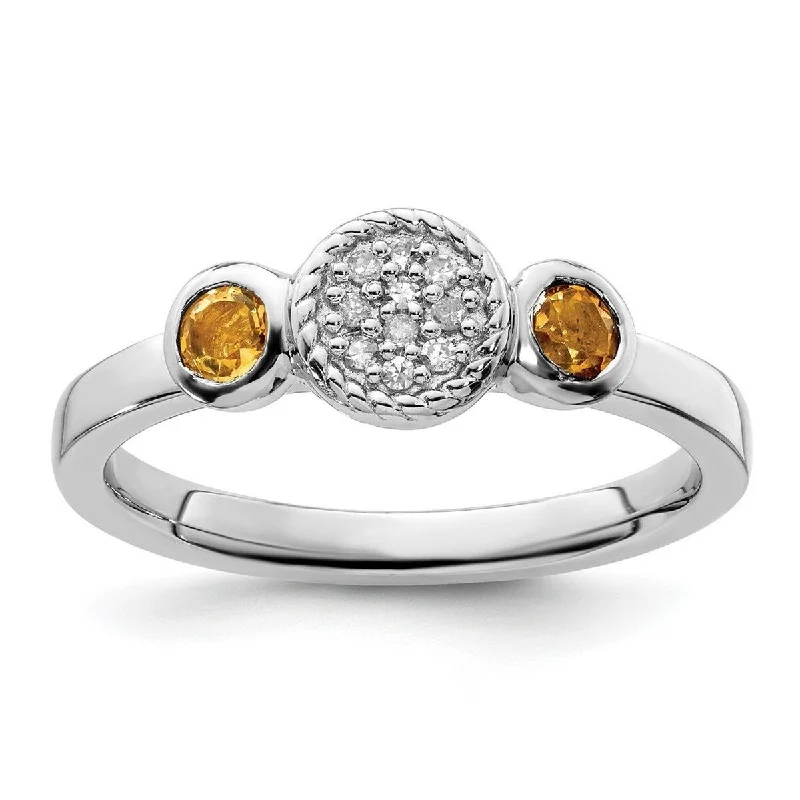 Women’s statement rings-Curata 925 Sterling Silver Bezel Polished Prong set Stackable Expressions Db Round Citrine and Dia. Ring