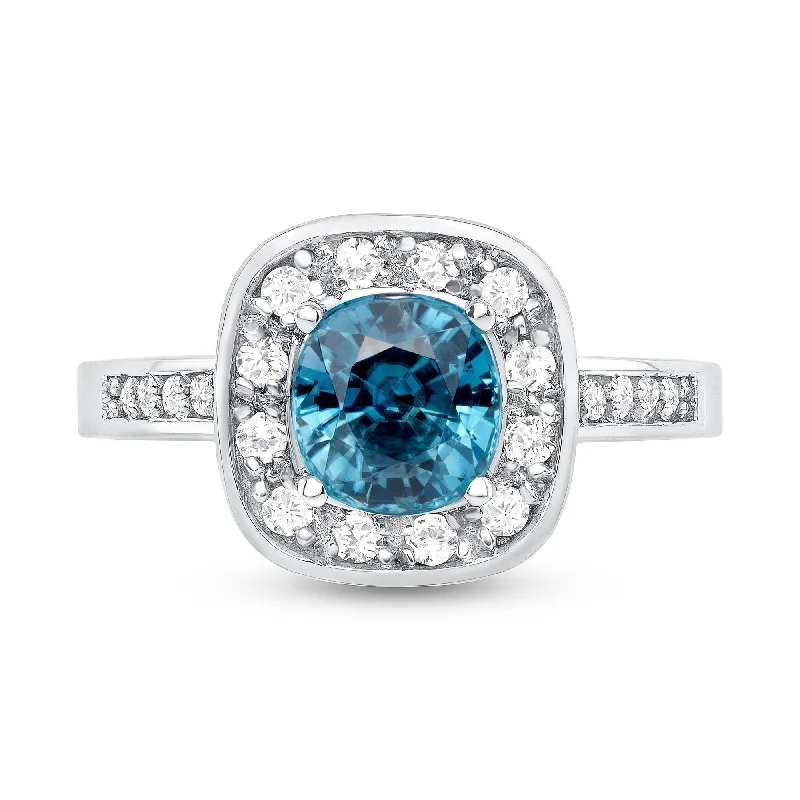 Women’s vintage rings-2.21 ct Blue Zircon and Diamond Ring in 14k White Gold