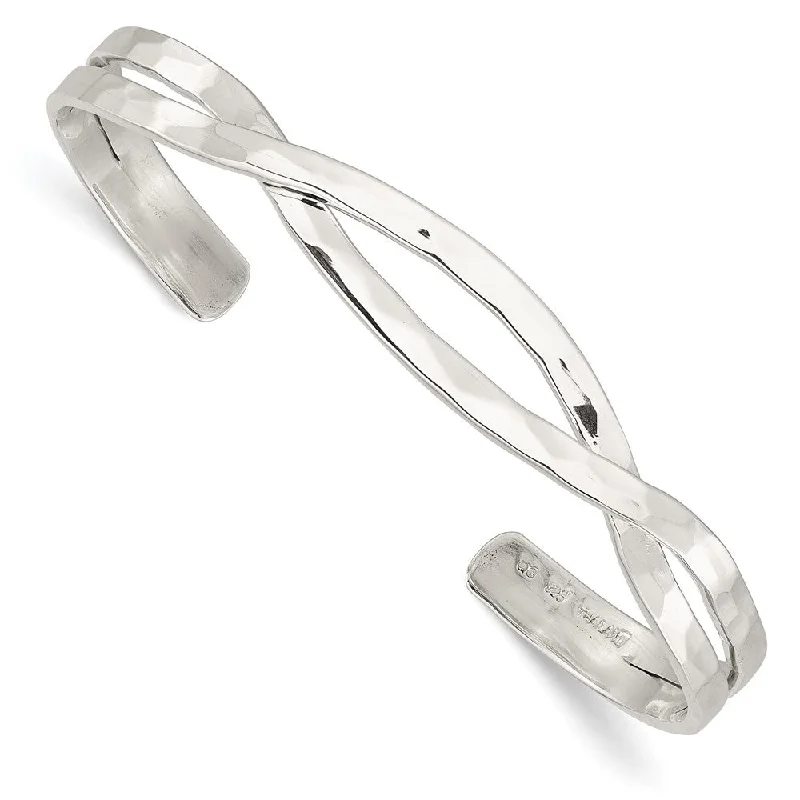 Women’s silver cuff bracelets-Sterling Silver Polished Hammered Criss Cross Cuff Bangle-WBC-QB1369