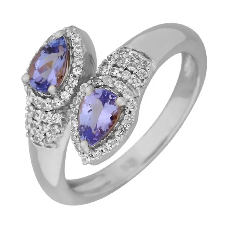 Women’s alternative engagement rings-925 Sterling Silver Tanzanite And White Natural Zircon Bypass Ring