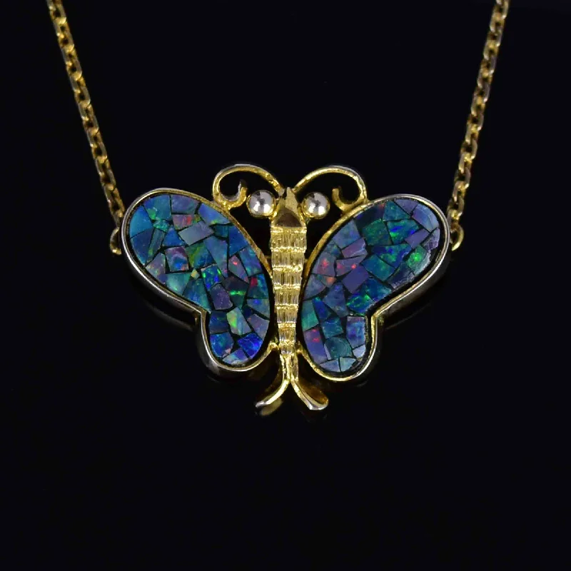 Women’s bridal necklaces-Vintage Sterling Silver Gold Vermeil Mosaic Opal Butterfly Necklace