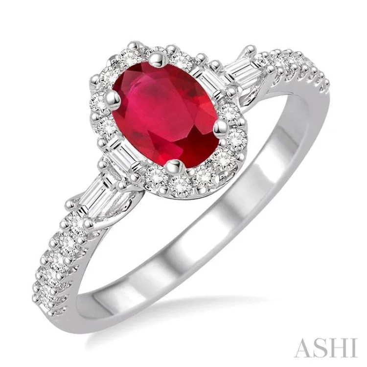 Women’s wedding and engagement sets-6x4 MM Oval Shape Ruby and 3/8 Ctw Diamond Ring in 14K White Gold