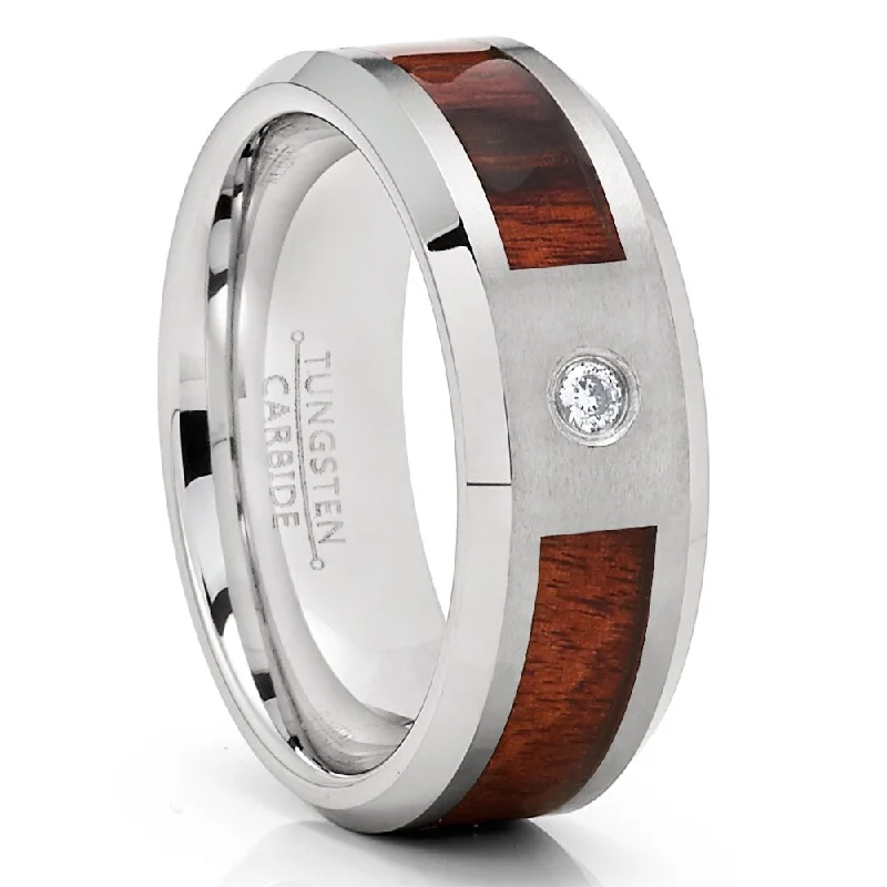 Women’s custom gemstone engagement rings-Koa Wood Tungsten Carbide Wedding Ring 8Mm Cz Inlay Comfort Fit Sizes 712 - Silver