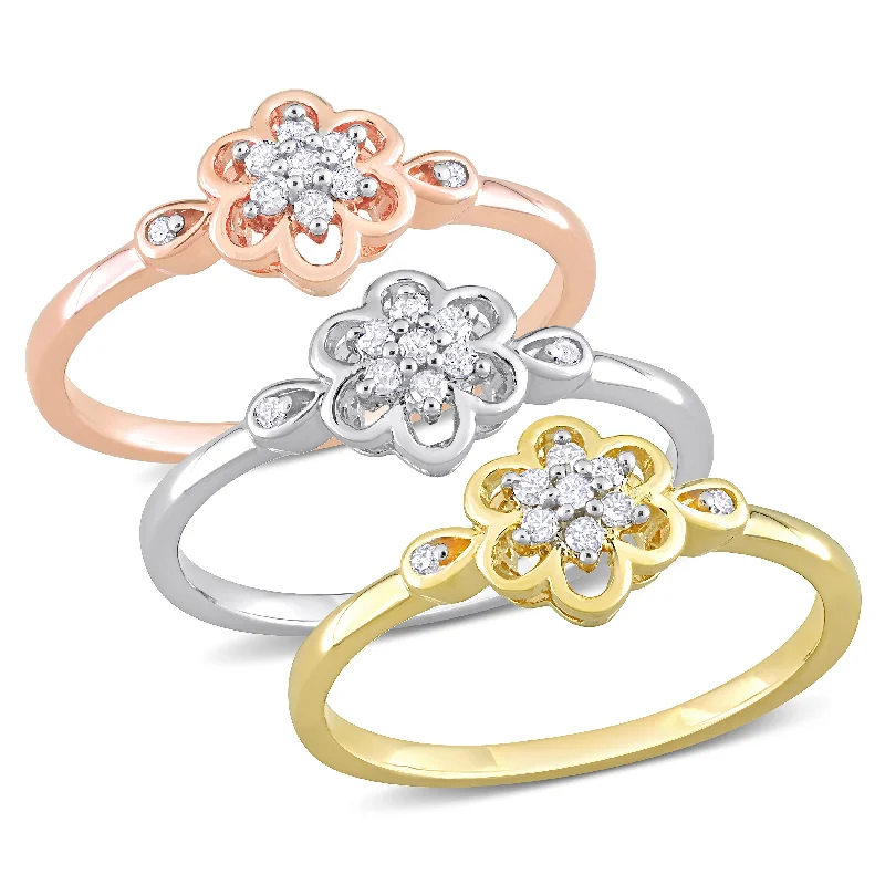 Women’s cocktail rings-Miadora 1/4ct TW Diamond Flower Rings 3-Piece Set 3-Tone Yellow Rose White Sterling Silver