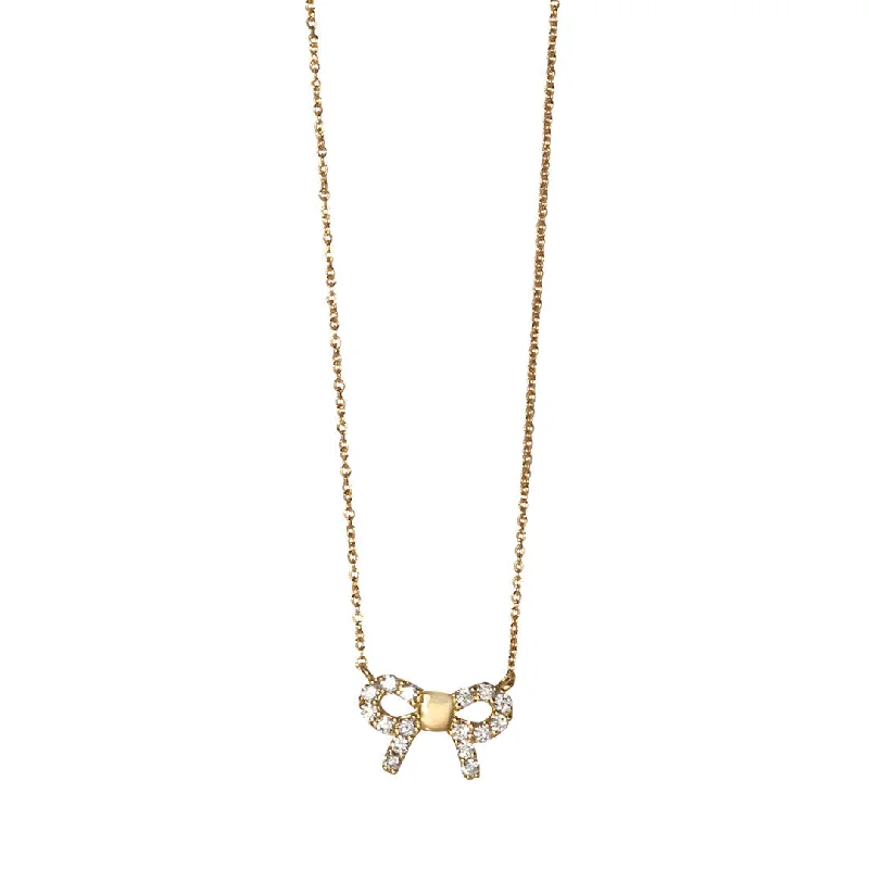 Women’s oval pendant necklaces-Diamond 18K Gold Mini Bow Pendant Necklace