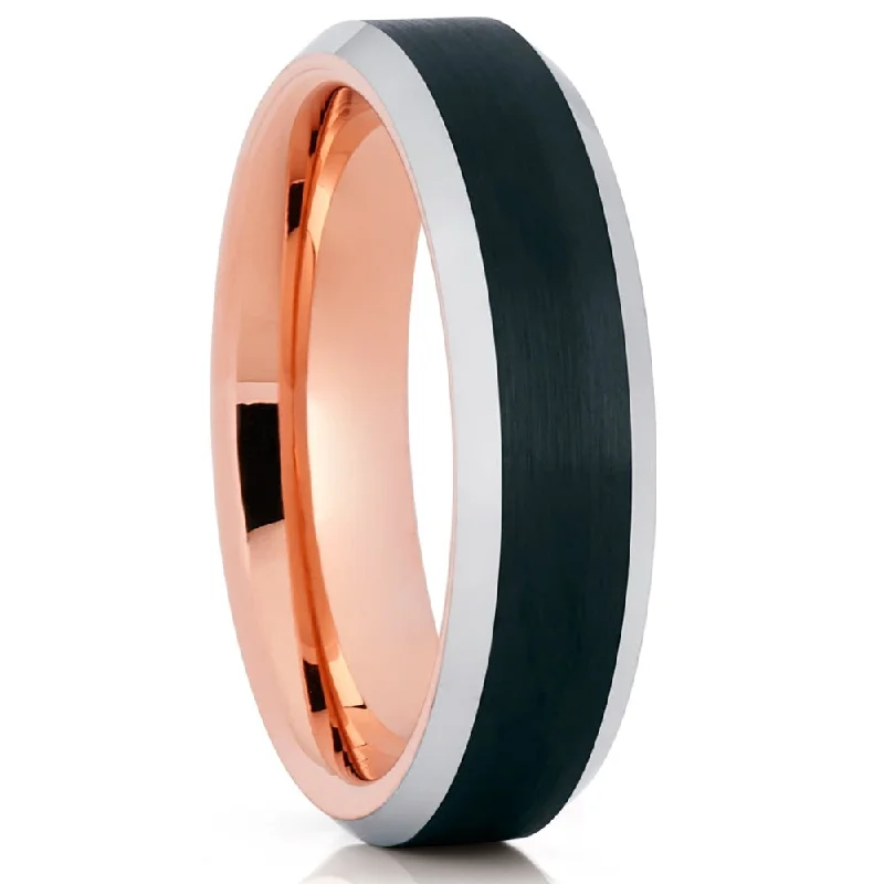 Women’s rose gold engagement rings-6Mm Rose Gold Tungsten Carbide Wedding Ring Black Comfort Fit