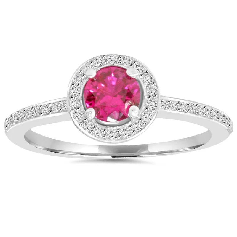 Women’s elegant wedding rings-3/4ct Ruby Halo Diamond Pave Enagement Ring White Gold