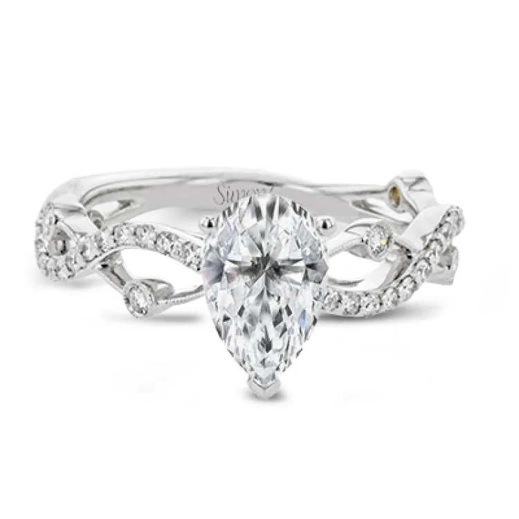 Women’s solitaire engagement rings-This unique 18k white gold engagement ring features .22 ctw of white diamonds in an interwoven design.