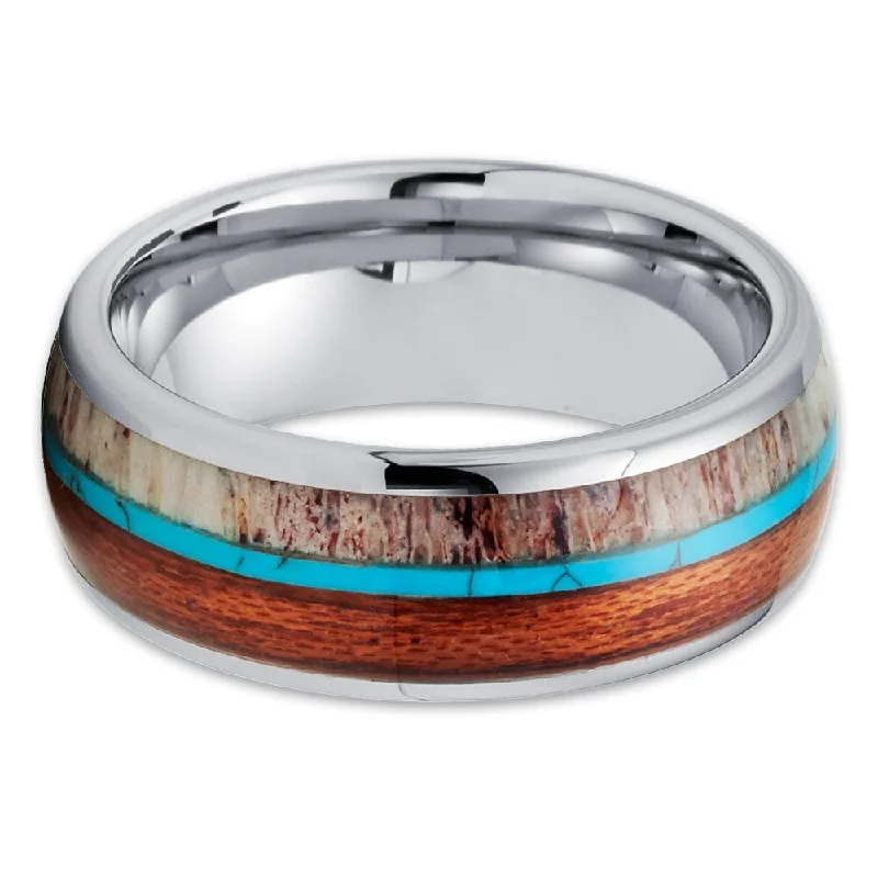 Women’s platinum engagement rings with diamonds-Deer Antler Tungsten Wedding Ring 8Mm Turquoise Koa Wood Comfort Fit - Silver