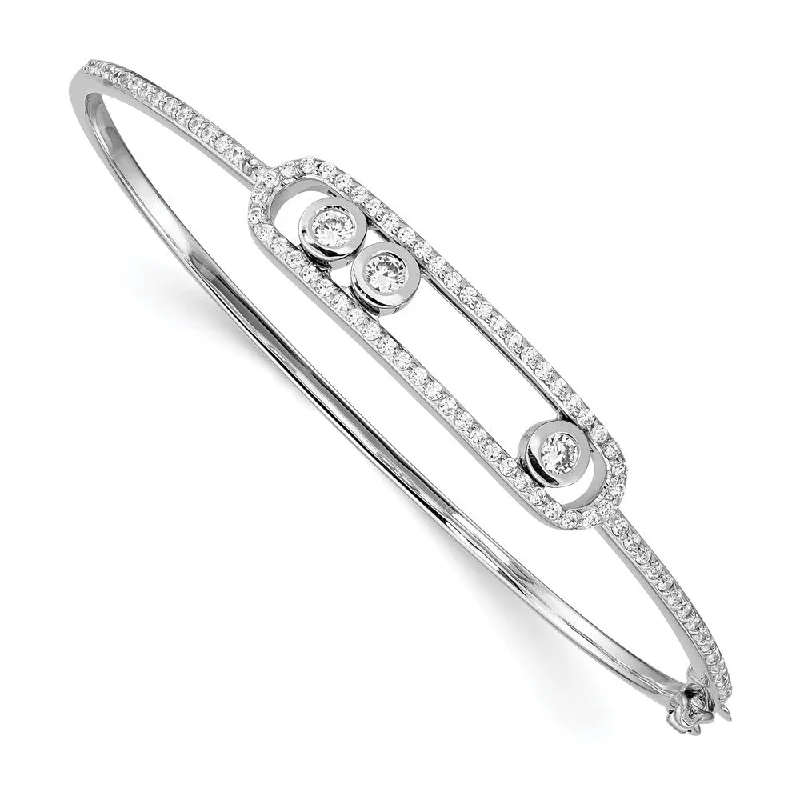 Women’s fashion bracelets-Sterling Silver Rhodium-plated Sliding CZ Stones Hinged Bangle-WBC-QB1265