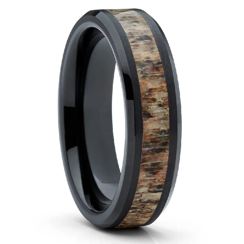 Women’s wide band engagement rings-6Mm Black Tungsten Deer Antler Wedding Ring Comfort Fit Sizes 612