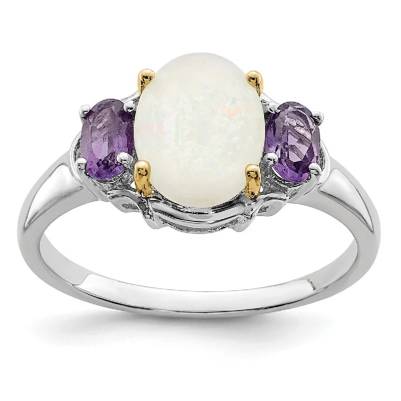 Women’s birthstone rings-Curata 925 Sterling Silver Polished and 14K Simulated Opal and Amethyst Ring Measures 2x9mm