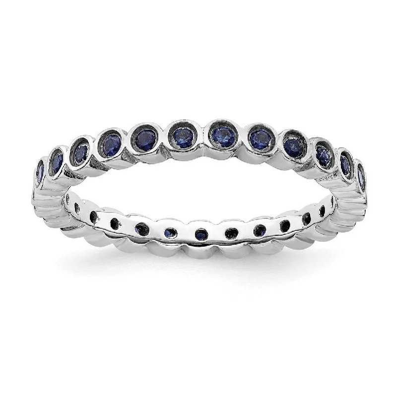 Women’s men’s wedding rings-Curata 925 Sterling Silver Bezel Polished Patterned Stackable Expressions Created Sapphire Ring