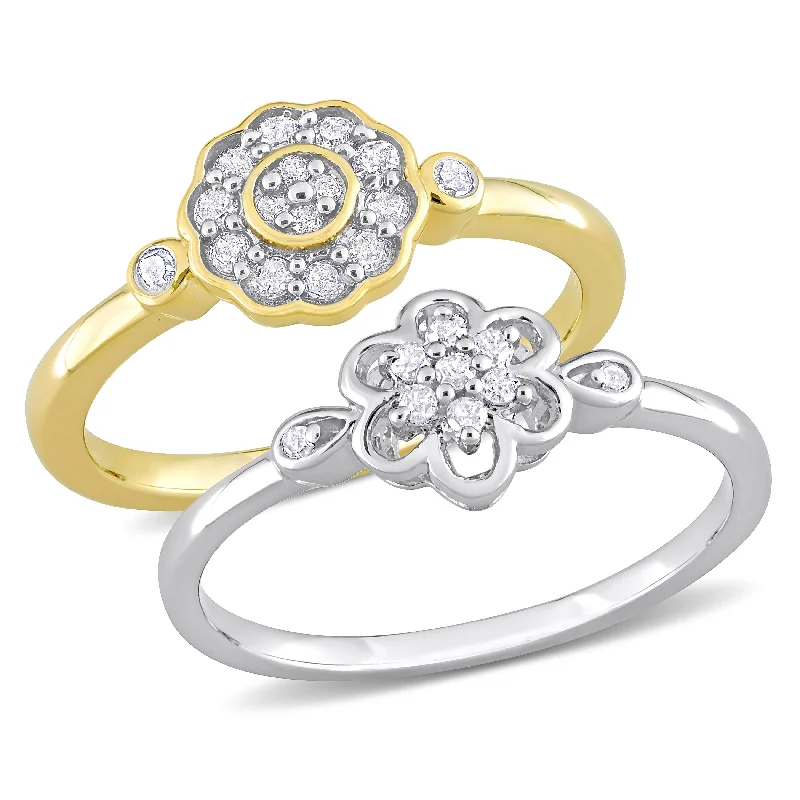 Women’s sapphire rings-Miadora 1/3ct TW Diamond Flower Rings 2-Piece Set 2-Tone Yellow White Sterling Silver