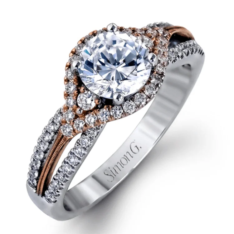 Women’s custom engagement ring designs-Featuring a modern design, this rose and white gold engagement ring and wedding band is highlighted by .51 ctw of round cut white diamonds.