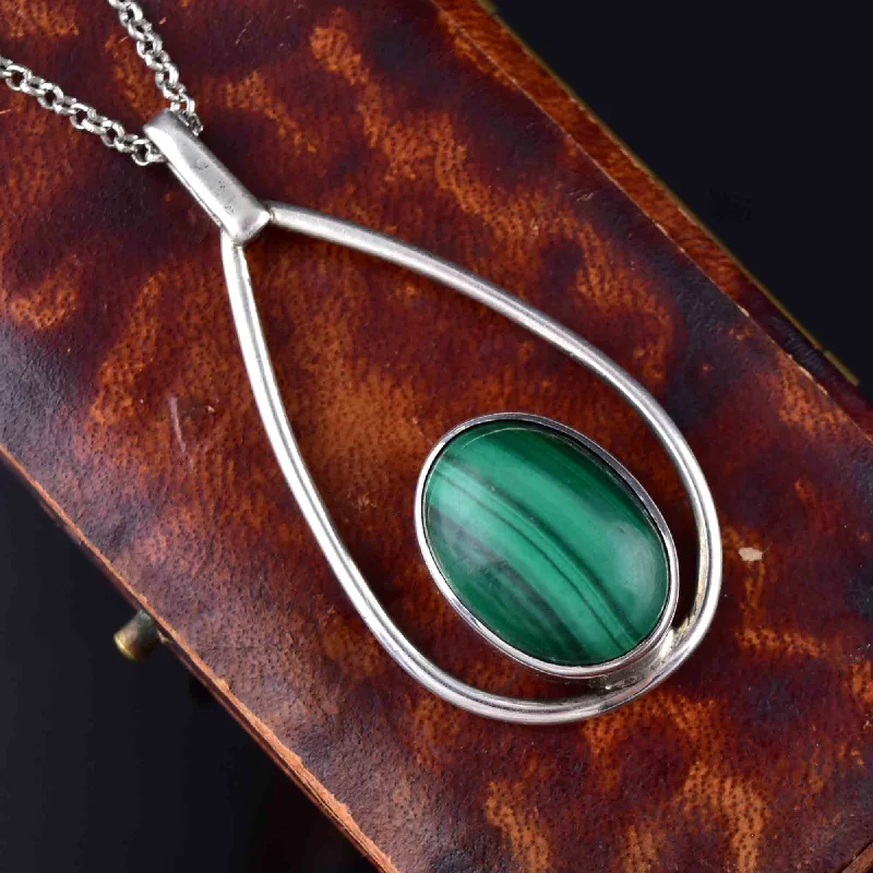 Women’s silver heart necklaces-Vintage Sterling Silver Malachite Pendant Necklace