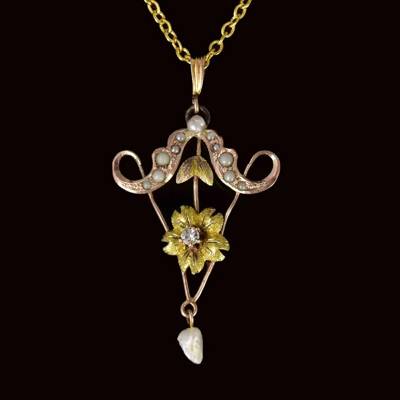 Women’s sapphire necklaces-Vintage 10K Gold Diamond Flower Seed Pearl Lavaliere Necklace