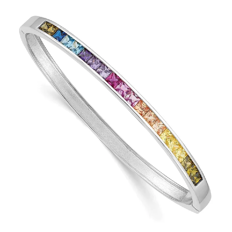 Women’s trendy gold bangles-Sterling Silver Rhodium-plated Channel-Set Colorful CZ Bangle-WBC-QB1354