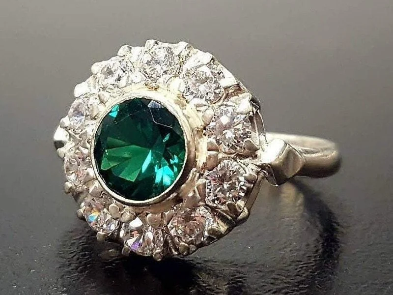 Women’s personalized diamond engagement rings-Emerald Victorian Ring - Flower Diamond Ring - Emerald Cocktail Ring