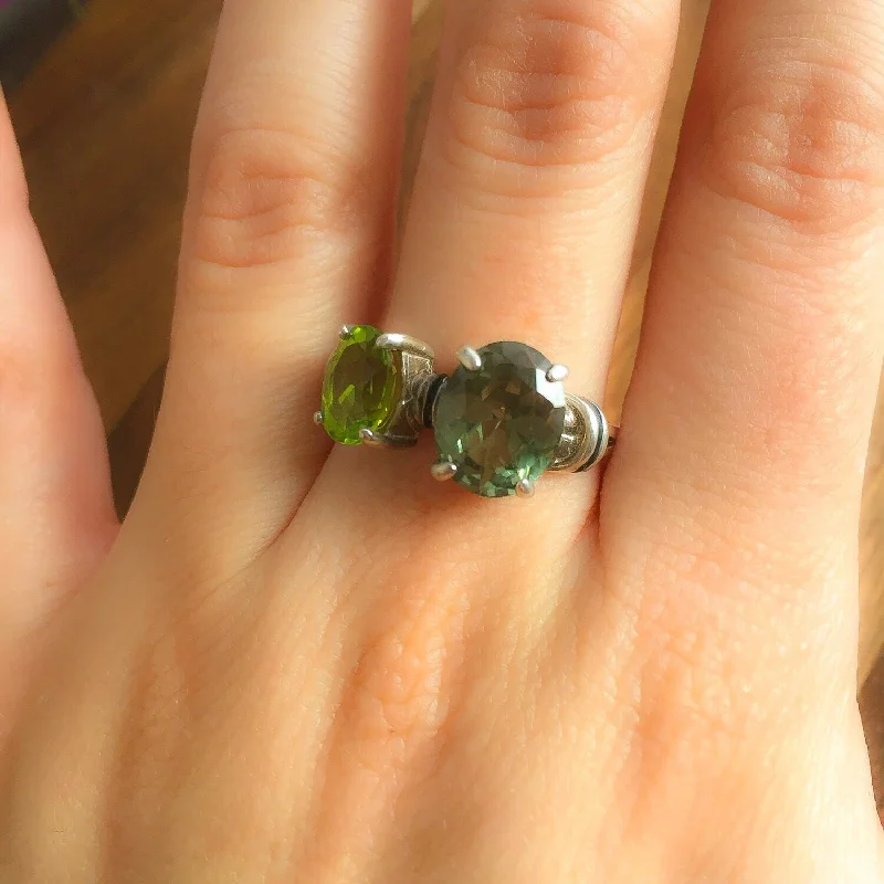 Women’s custom gemstone engagement rings-Peridot Ring - Green Diamond Ring - Vintage Two Stone Ring