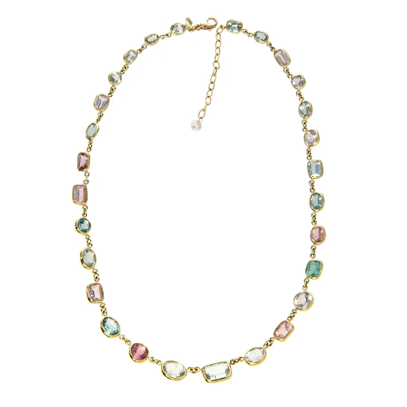 Women’s fashion statement necklaces-Mazza Multi-Color Pastel Tourmaline Bezel Station 18K Gold Necklace