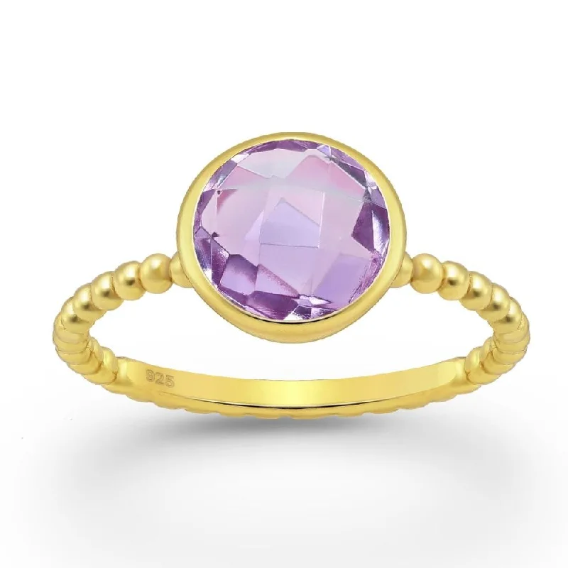 Women’s art deco rings-Sterling Silver 18kt Gold Plated Beaded Band & Circular Amethyst Ring