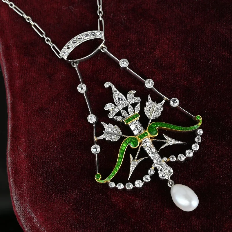 Women’s gold necklaces-Art Deco Arrow & Crown Enamel Emerald Diamond Necklace