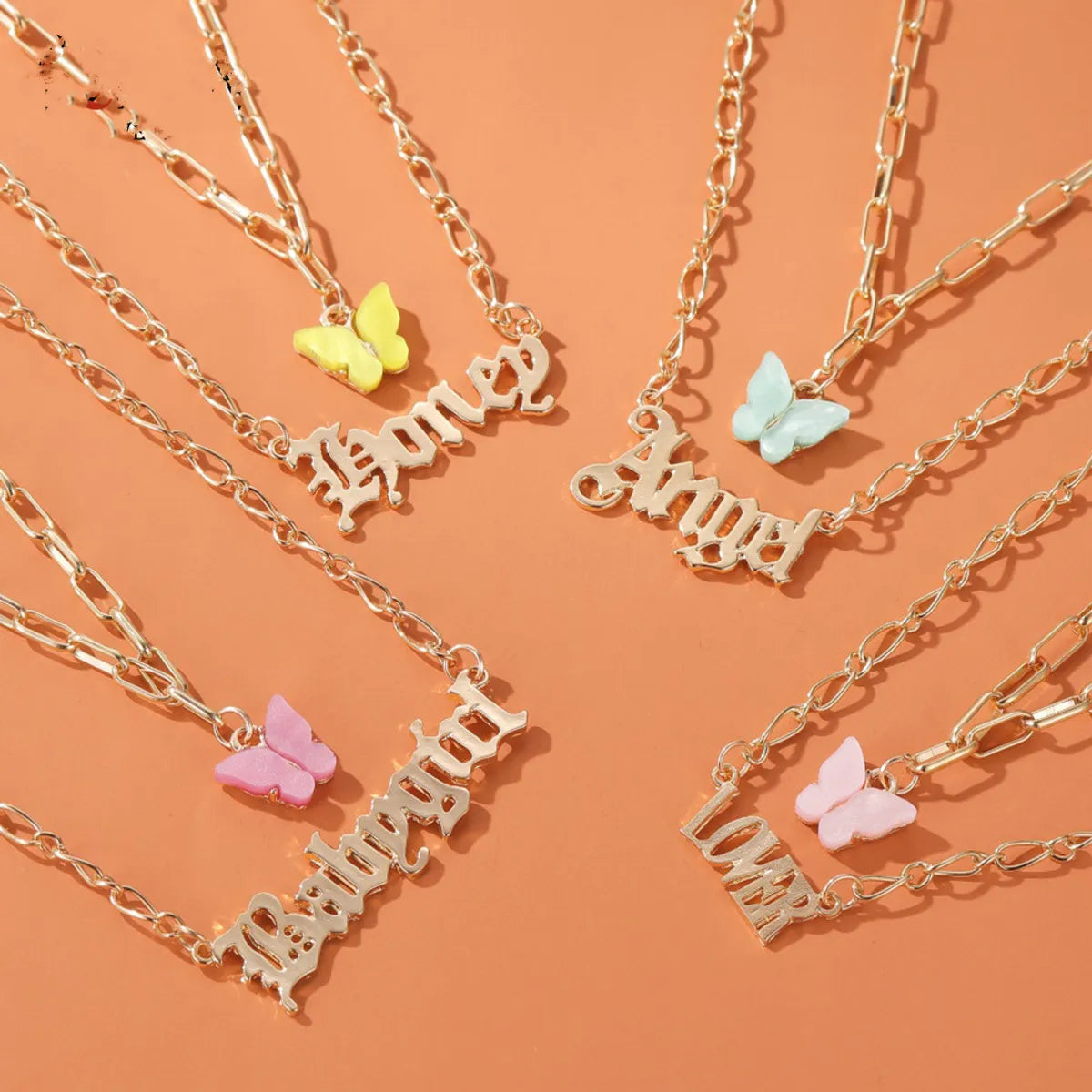 Women’s simple necklaces-Double Acrylic Butterfly Necklace Fashion Alphabet Angel Pendant Baby Girl English Alphabet Necklace Wholesale Gooddiy