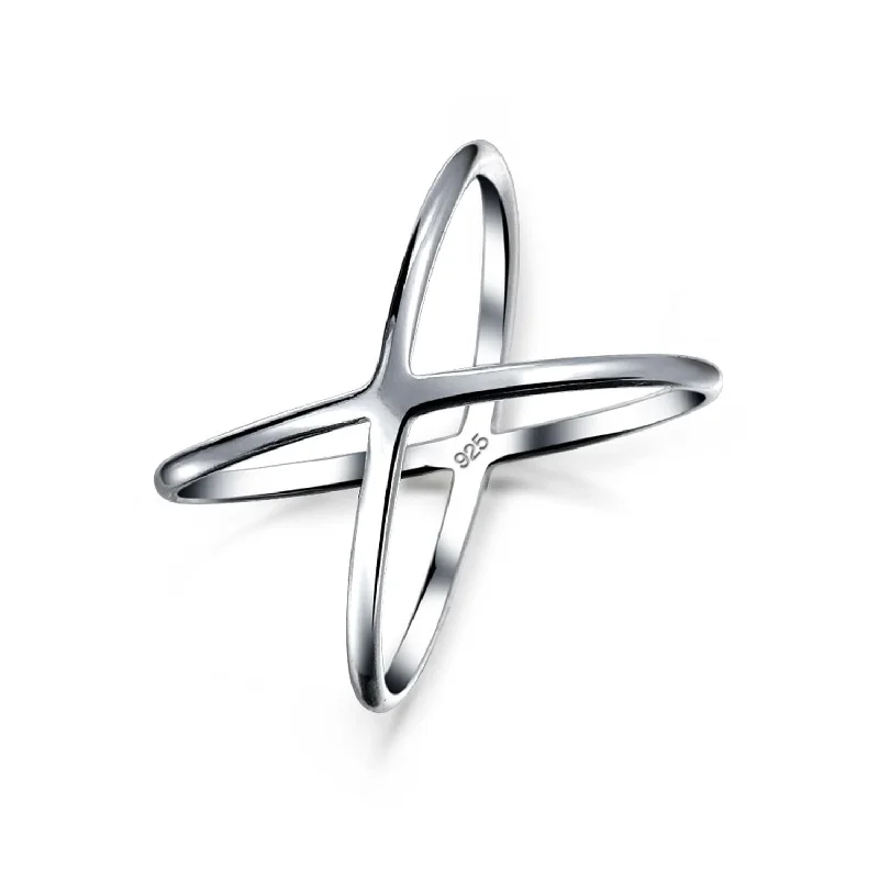 Women’s heart-shaped rings-Delicate Thin Open Geometric Atomic X Criss Cross Silver Ring Sterling