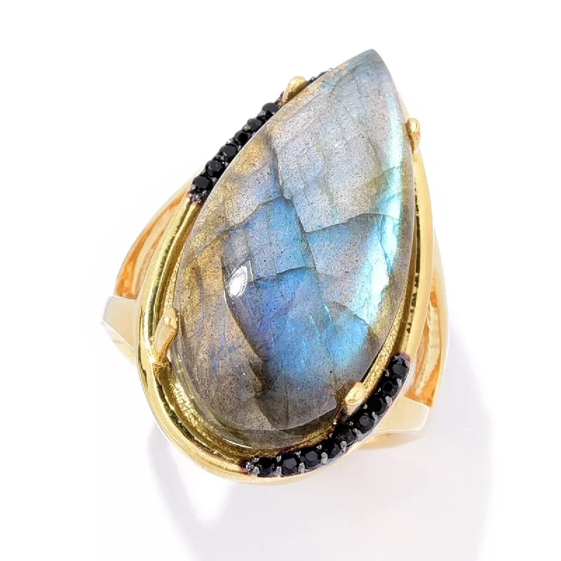 Women’s diamond rings-18K Yellow Gold Over Sterling Silver Labradorite Gemstone Solitaire Boho Ring