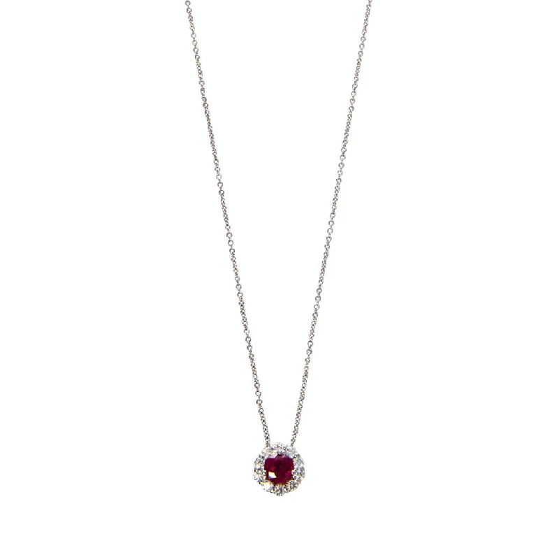 Women’s long necklaces-Ruby & Diamond Halo 18K White Gold Pendant Necklace