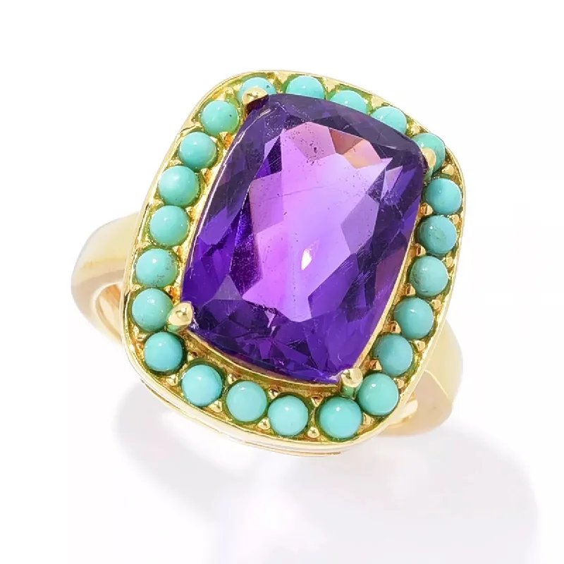 Women’s wedding rings-18k Yellow Gold Over Sterling Silver, African Amethyst and Campitos Turquoise Gemstone Classic Ring