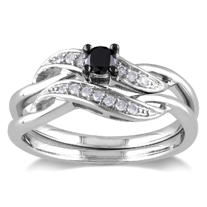 Women’s gold wedding rings-Miadora Sterling Silver 1/4ct TDW Black and White Diamond Crossover Bridal Ring Set