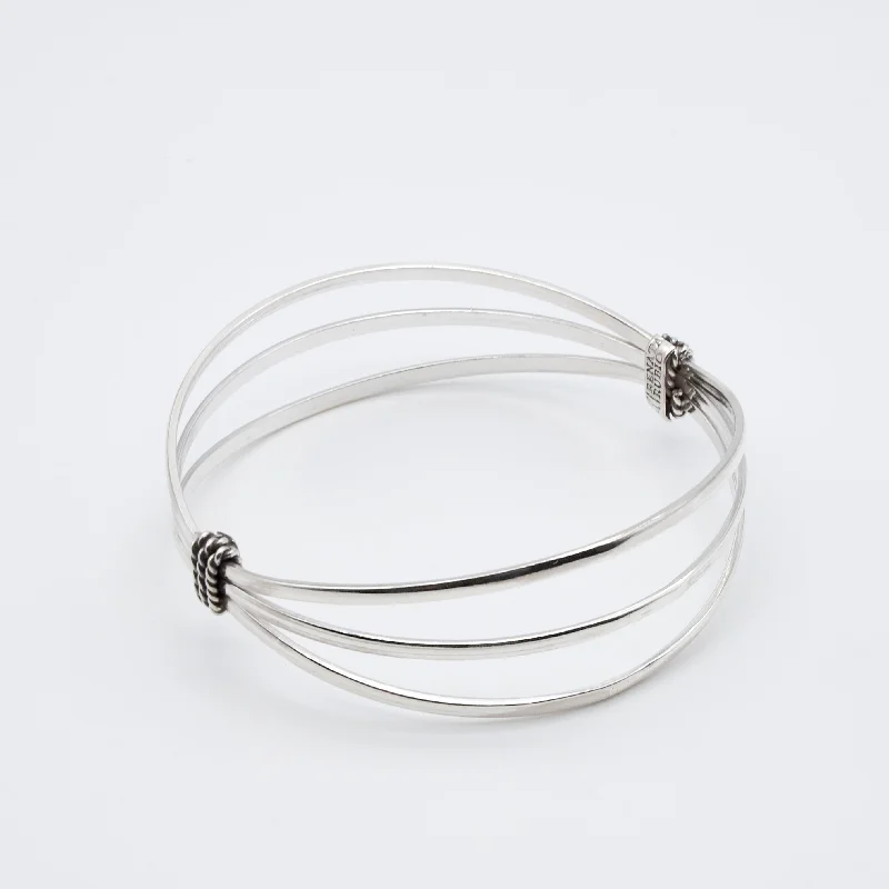 Women’s double bangle bracelets-Fanned Silver Bangle with Oxidized Rope