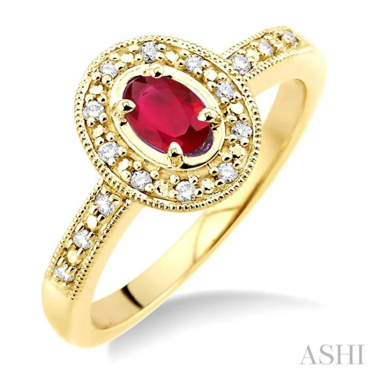 Women’s vintage inspired engagement rings-5x3mm oval cut Ruby and 1/10 Ctw Single Cut Diamond Ring in 14K Yellow Gold.