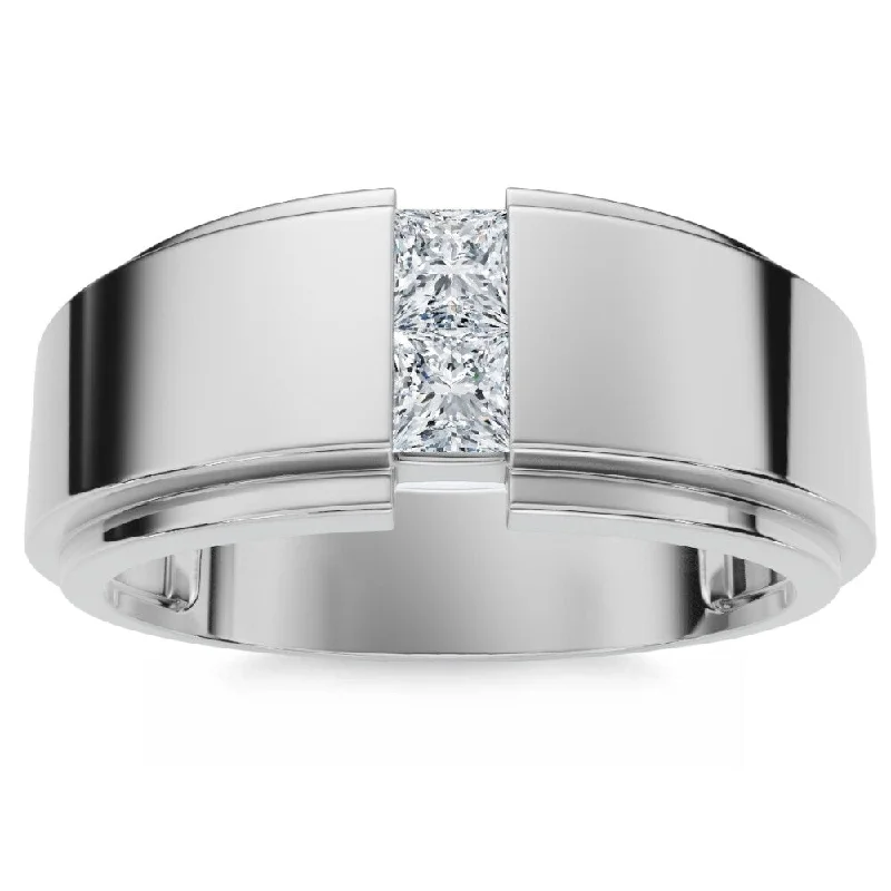 Women’s matching engagement rings-Mens White Gold Princess Cut Diamond Wedding Ring