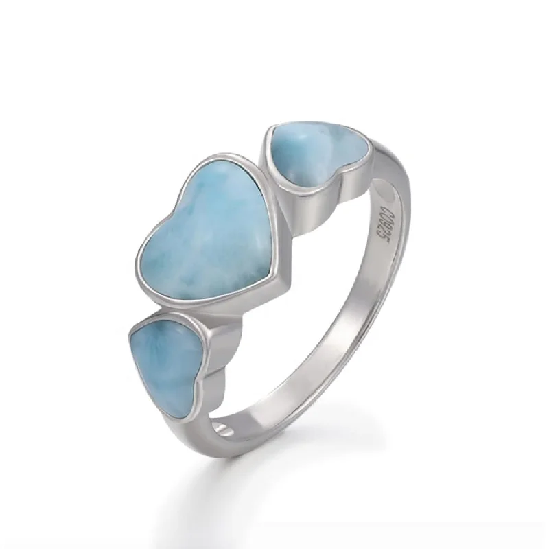 Women’s statement gemstone rings-Sky Blue Larimar & Sterling Silver Triple-Heart Ring