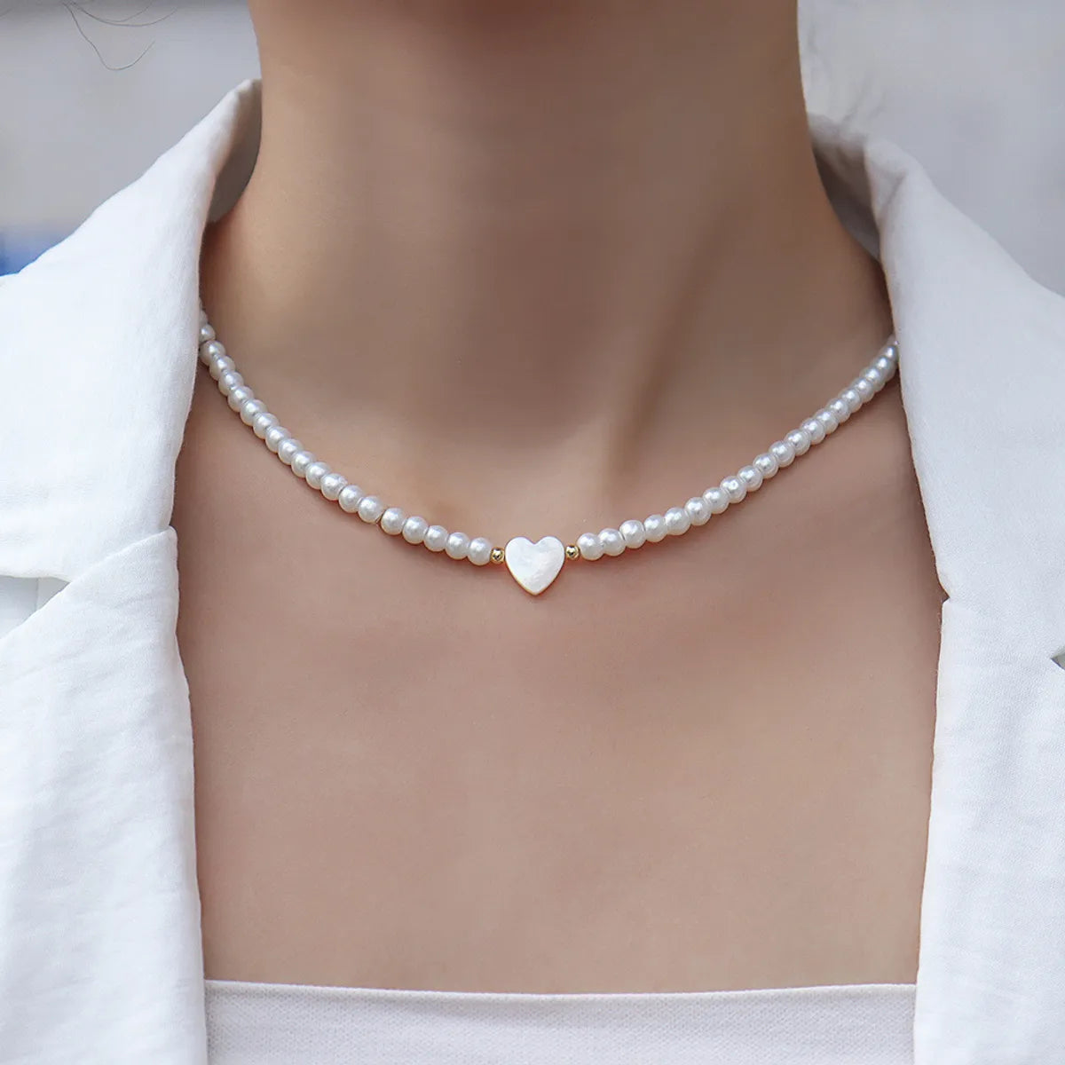 Women’s delicate silver necklaces-Lady Heart Shape Stainless Steel Imitation Pearl Shell Beaded Plating Necklace