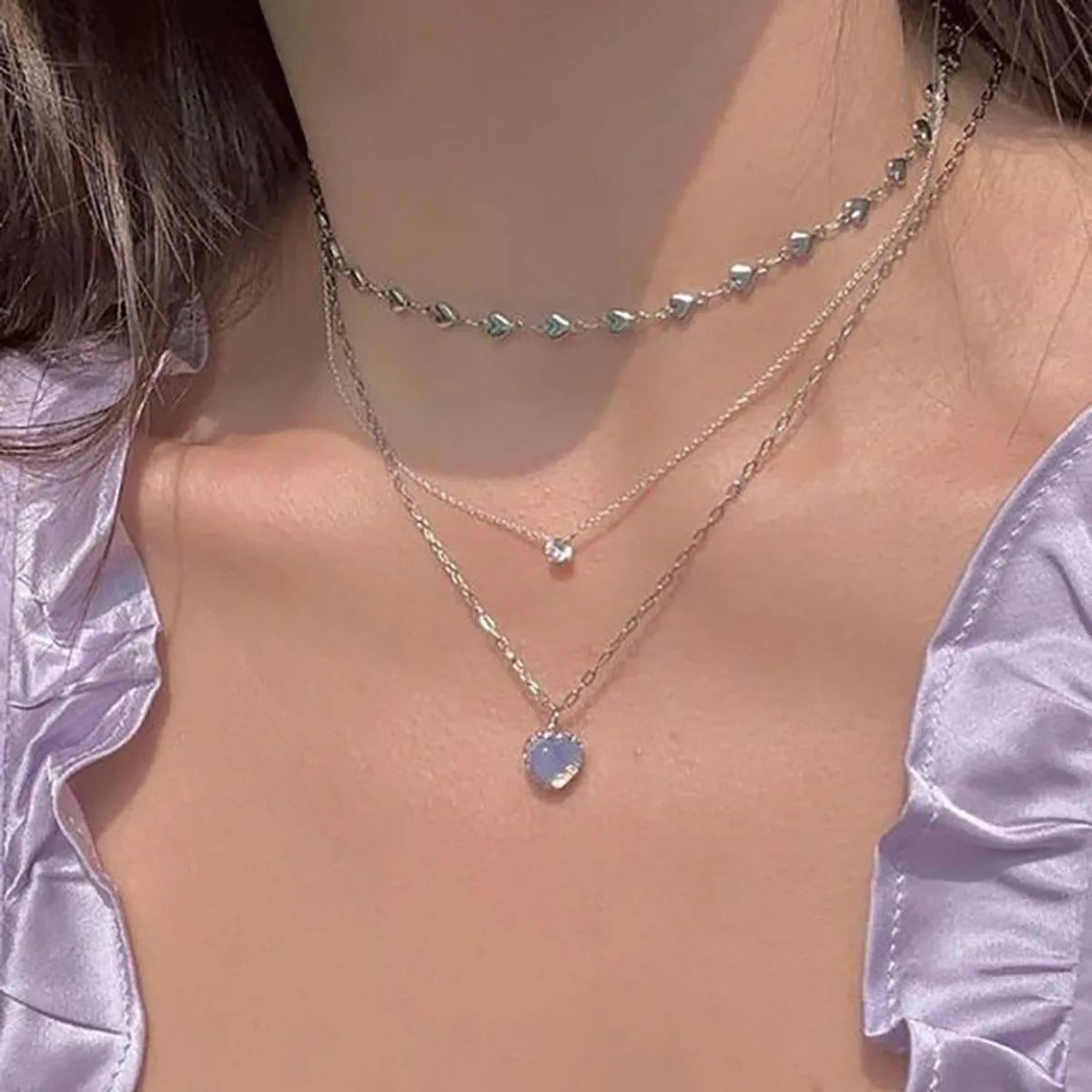 Women’s gemstone chain necklaces-Fashion Heart Shape Alloy Plating Rhinestones Women's Layered Necklaces 1 Piece