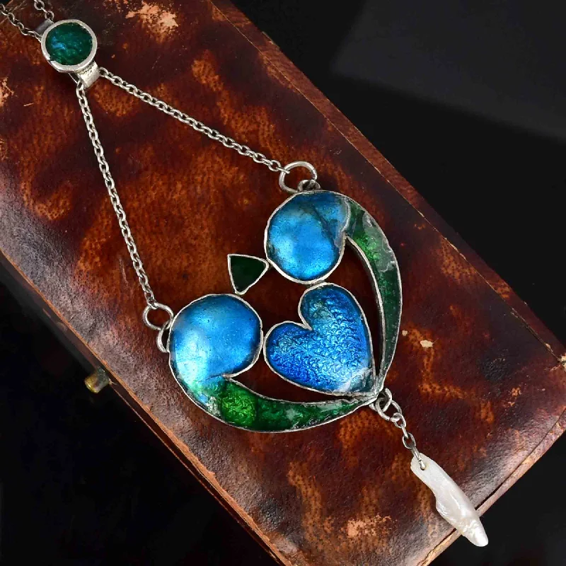 Women’s beach necklaces-Silver Art Nouveau Blue Green Enamel Baroque Pearl Necklace