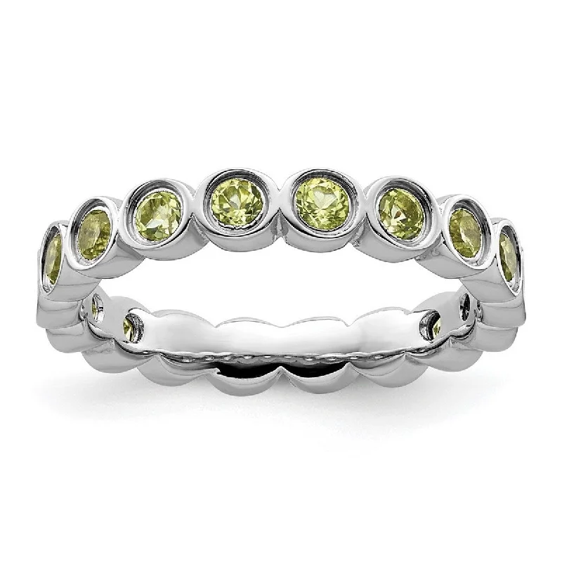 Women’s halo wedding rings-Curata 925 Sterling Silver Bezel Polished Patterned Stackable Expressions Peridot Ring