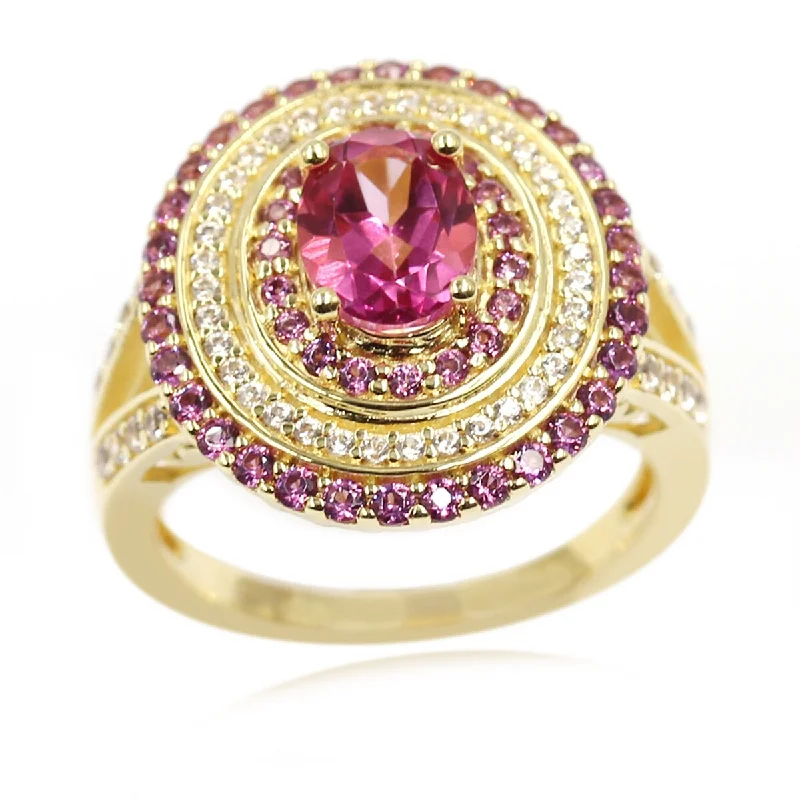 Women’s trendy rings-Yellow Over 925 Sterling Silver Pink Topaz,Rhodolite Garnet,White Natural Zircon Ring