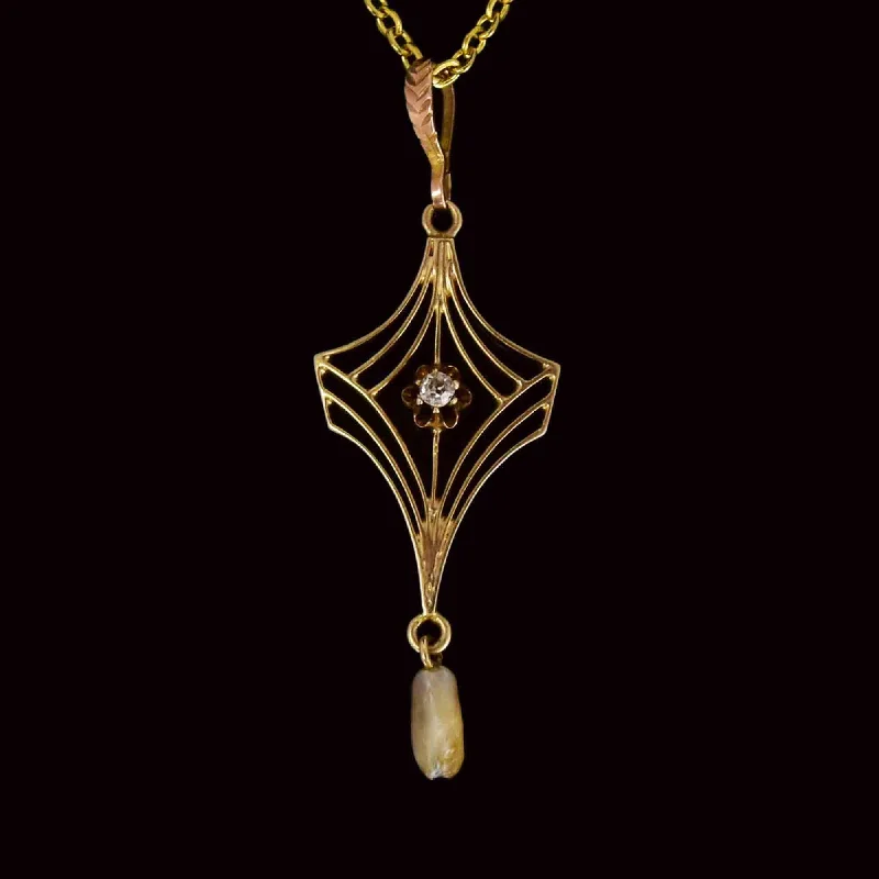 Women’s precious stone necklaces-Vintage 10K Gold Buttercup Diamond Pearl Lavaliere Necklace